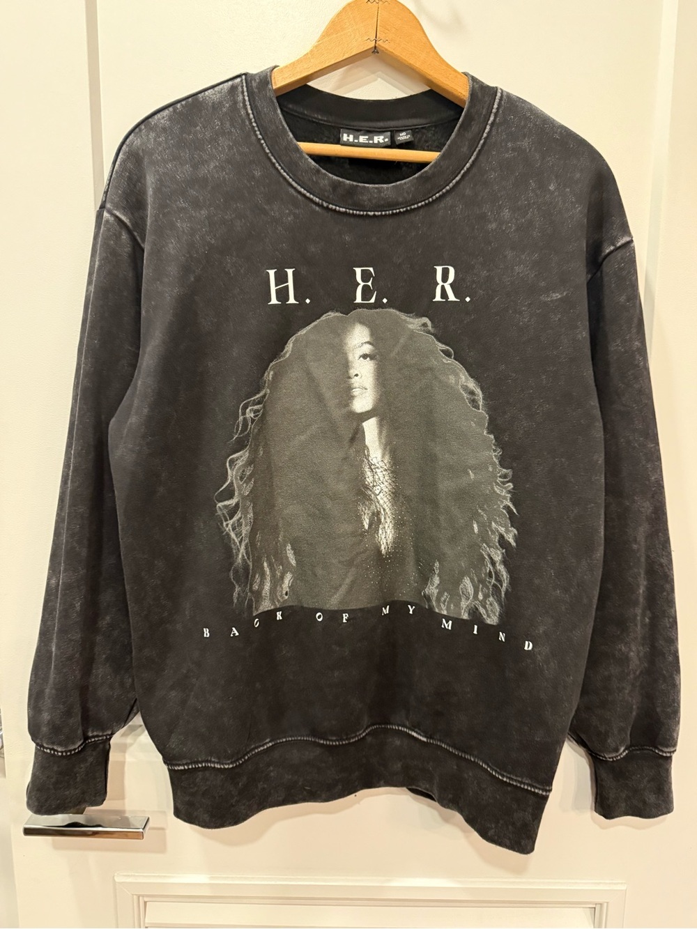 NWOT H.E.R. (M) Black Acid Wash Graphic Crewneck Sweater